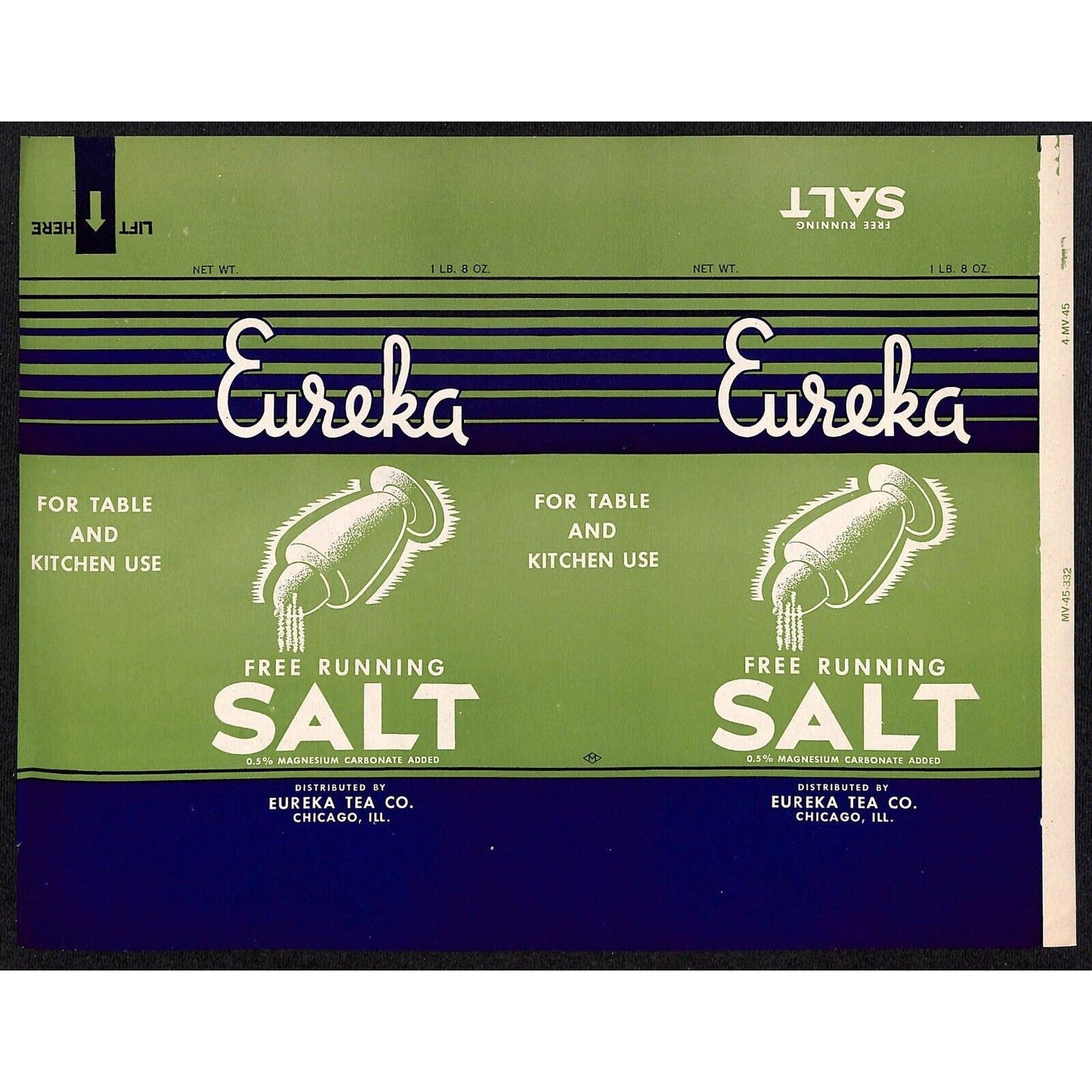 Eureka Free Running Salt Paper Label c1935 Eureka Tea Co. Chicago Scarce