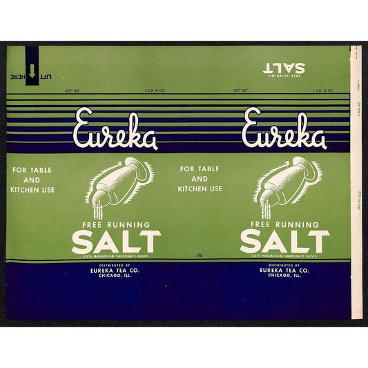 Eureka Free Running Salt Paper Label c1935 Eureka Tea Co. Chicago Scarce