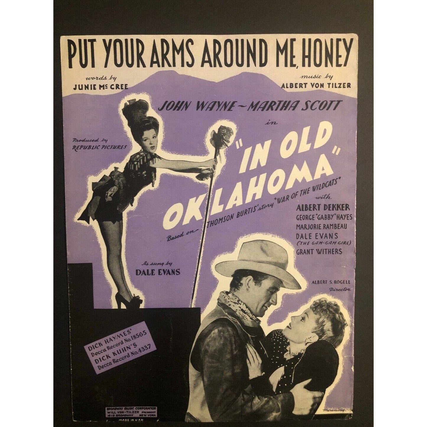 1943 Sheet Music - "Put Your Arms Around Me, Honey" "In Old Oklahoma" John Wayne