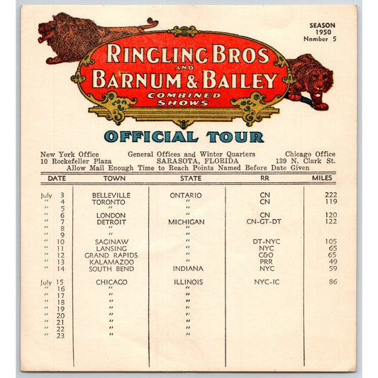 1950 Ringling Bros Barnum Bailey Circus Route Card Toronto Detroit Lansing