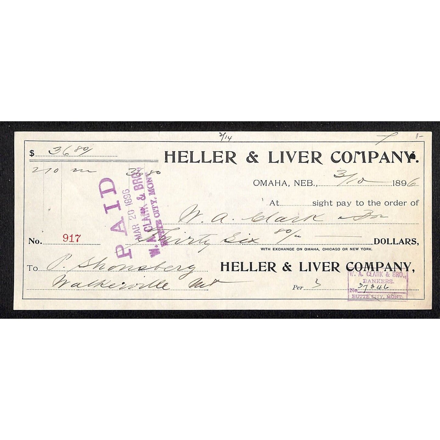 Omaha, NB Heller & Liver Co. (Butcher & Packer Tools) 1896 Bank Check