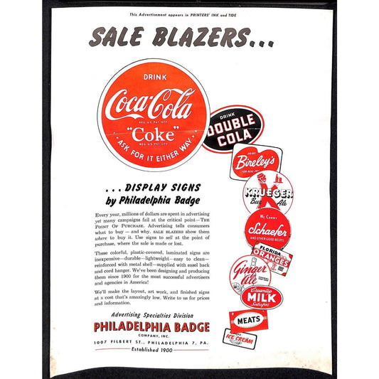 c1945-55 Philadelphia Badge Co. Coca-Cola "Sale Blazer" Pinback Button Flyer Ad.