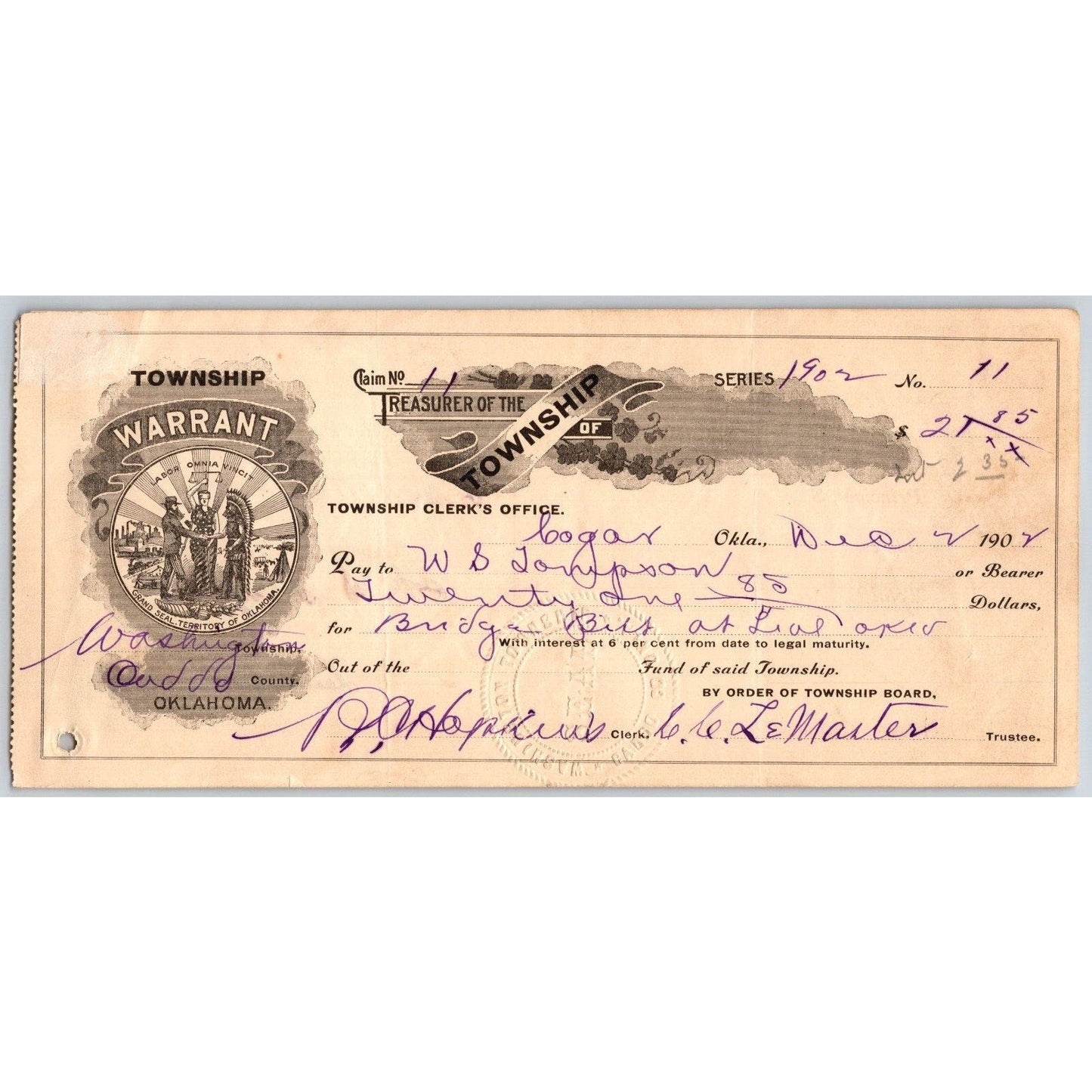 Caddo County / Washington Township Oklahoma 1902 Territorial Warrant - Scarce