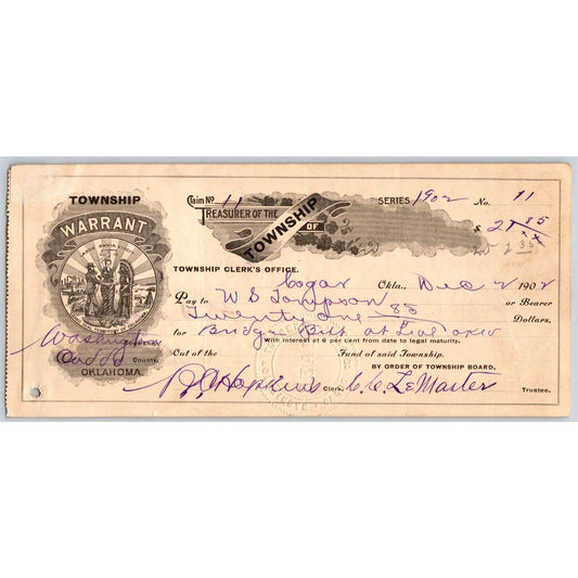 Caddo County / Washington Township Oklahoma 1902 Territorial Warrant - Scarce