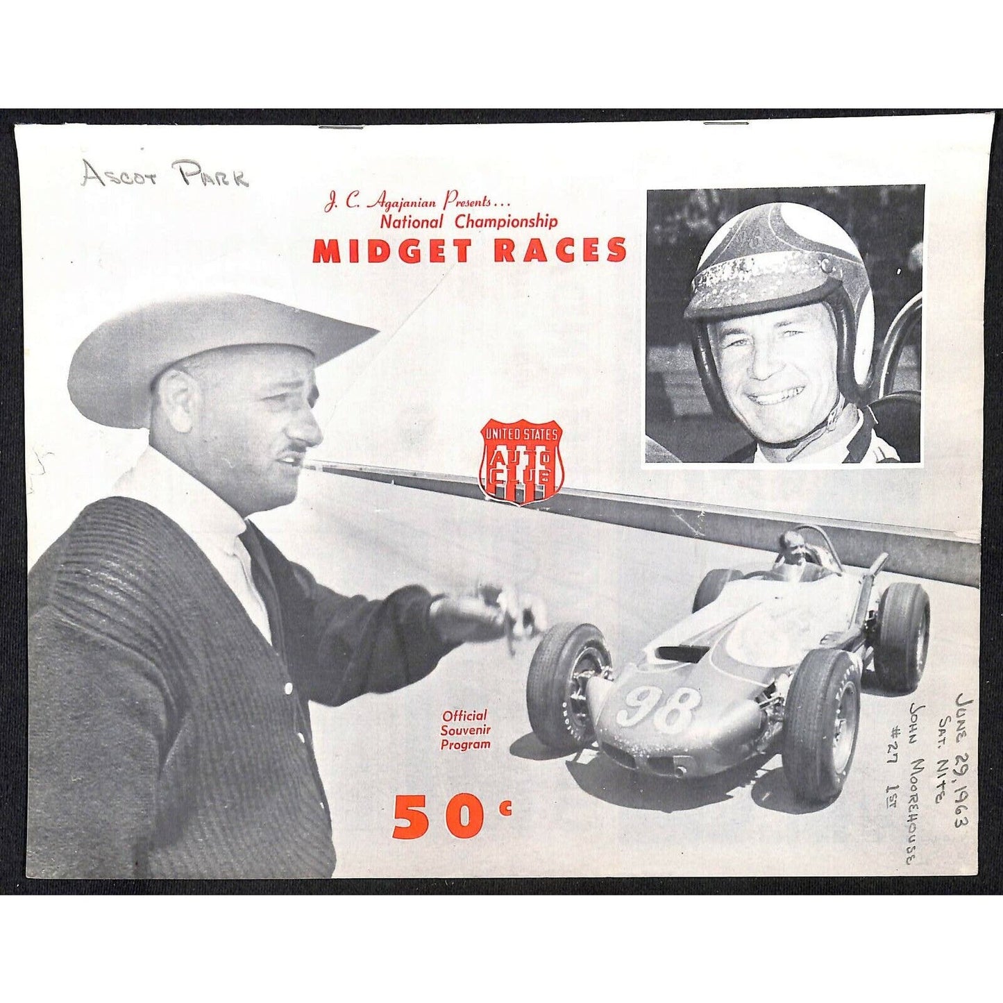 Scarce 6/29 1963 Auto Racing USAC Midget Program Ascot Park Nat. Champ. 24pp