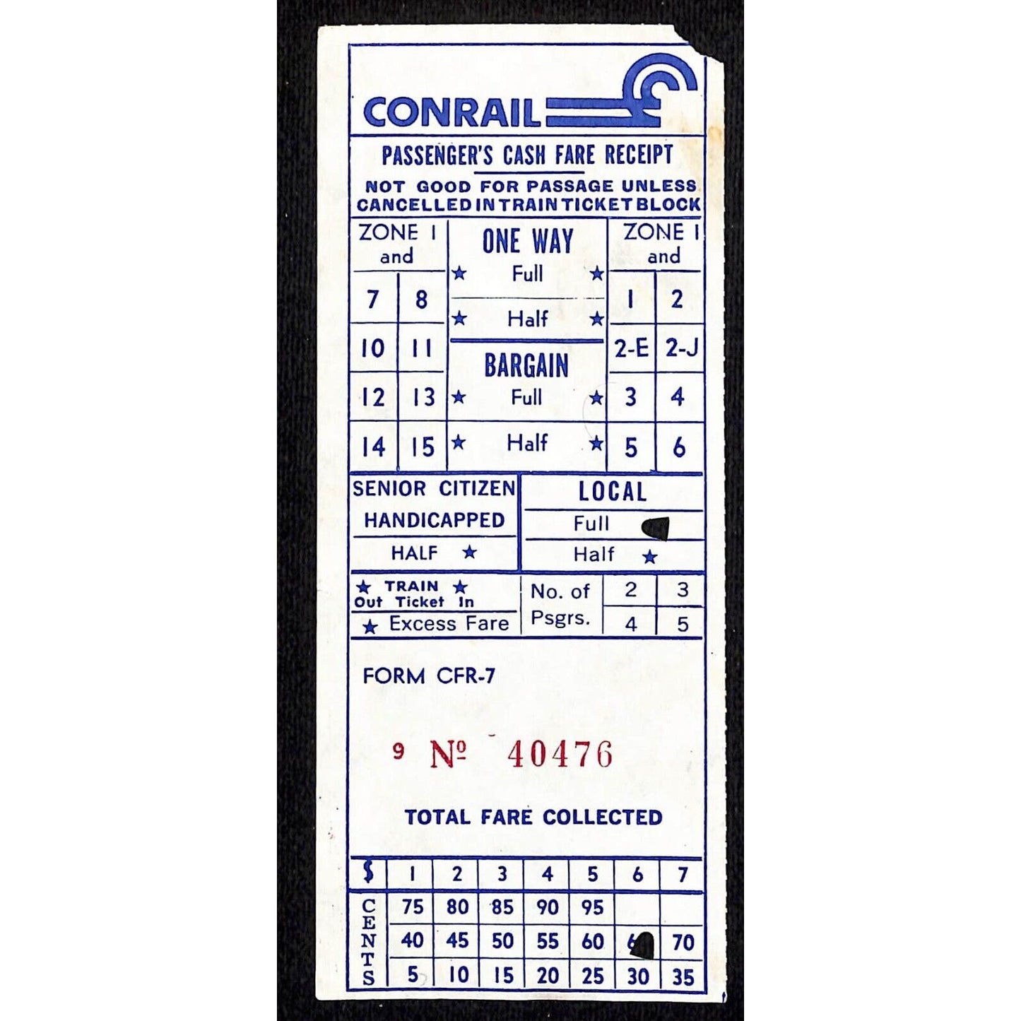 Conrail (1976-99) Passenger's Cash Fare Receipt c1970's-80's