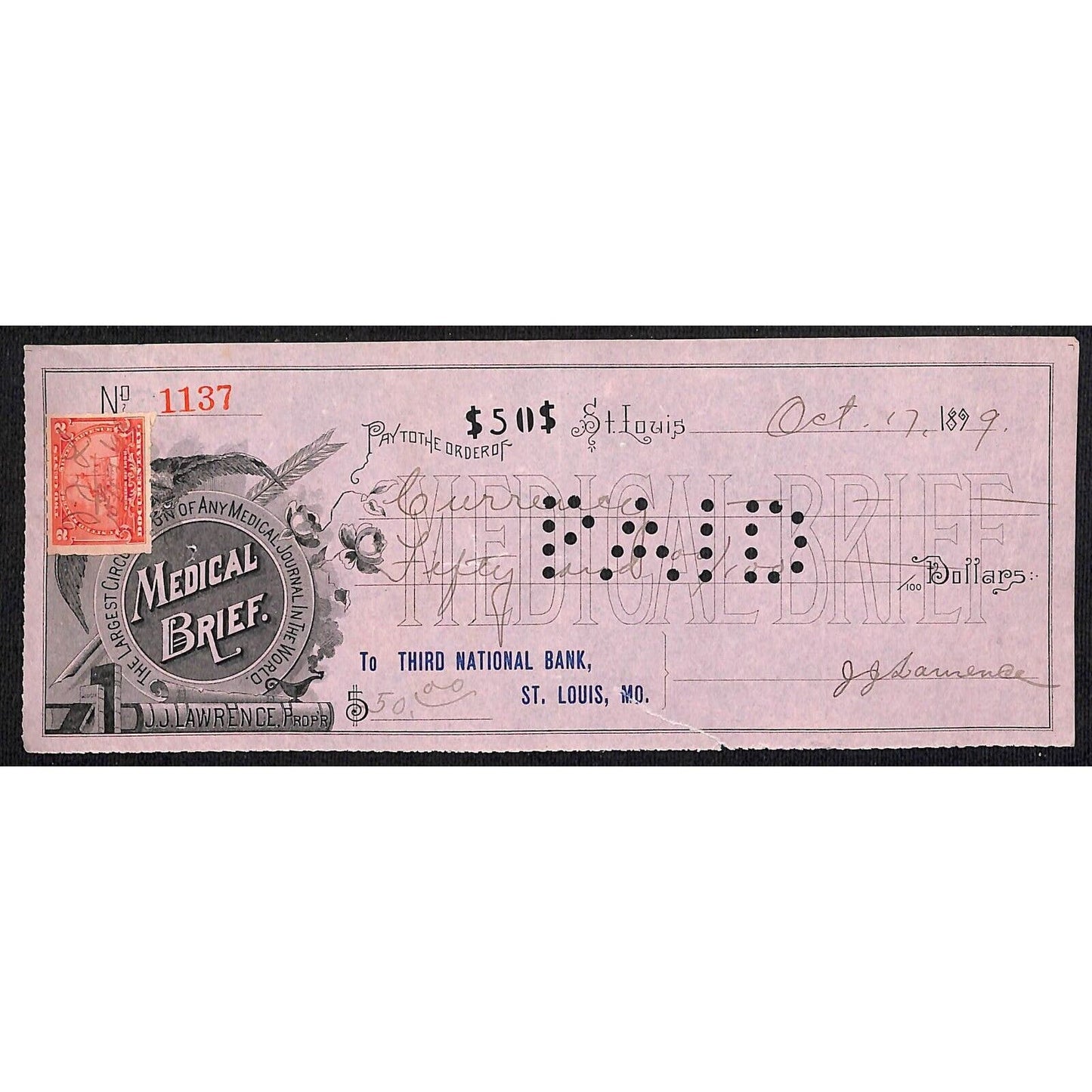 Medical Brief Journal / Third National Bank 1899 Check w/ Rev. Stamps / Vignette