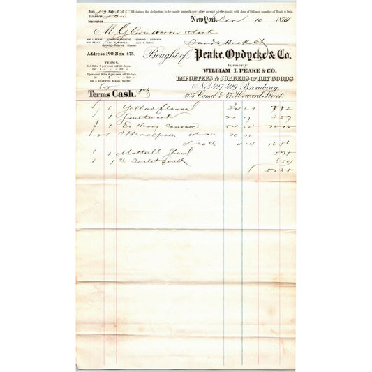 1873 Peake, Opdycke & Co. Dry Goods Importers NYC Invoice - Sandy Hook, CT