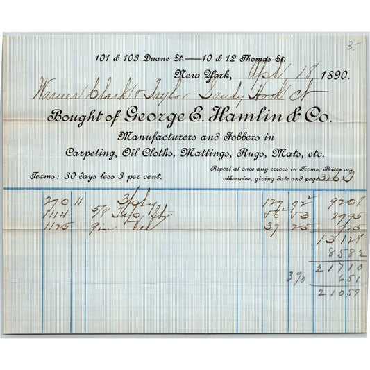 George E. Hamlin & Co. NY to Warner, Taylor & Curtis Sandy Hook Letterhead 1890
