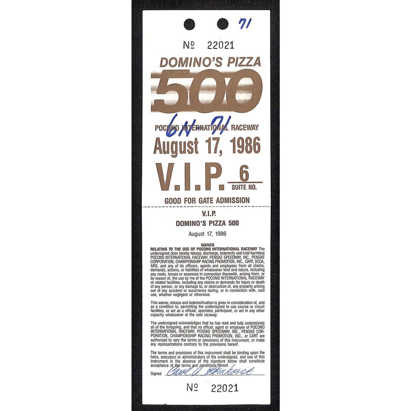 1986 Pocono International Speedway Domino's Pizza 500 VIP Suite Pass VGC
