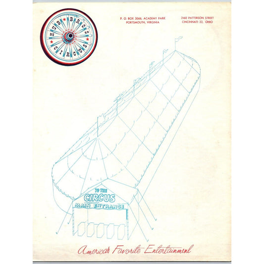 Hub Bros. Circus Letterhead c1957 Roulette Wheel Big Top Clown - Very Scarce