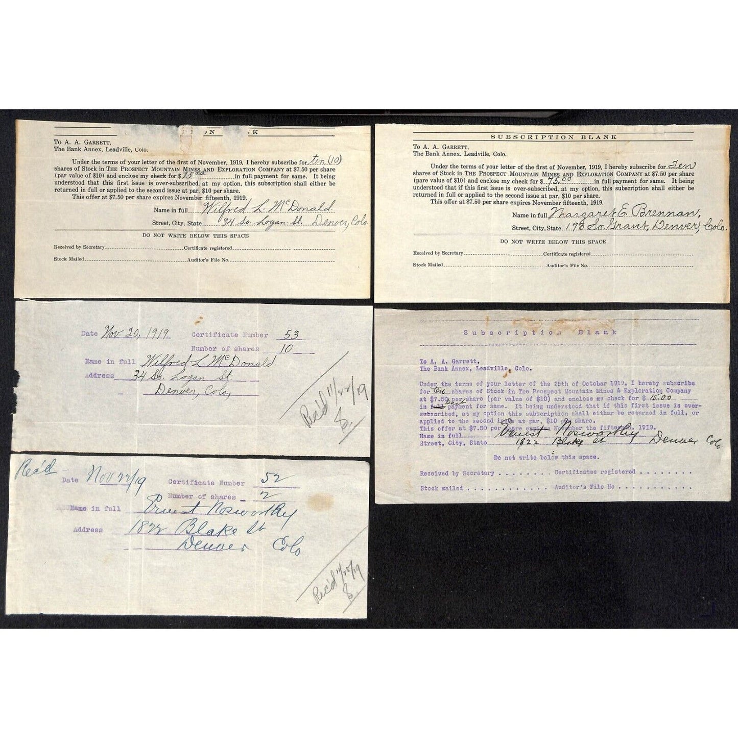 Leadville, CO 1919 Mining Stock Order Forms & Receipts - Group of 5