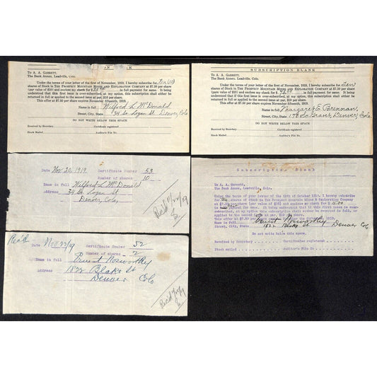 Leadville, CO 1919 Mining Stock Order Forms & Receipts - Group of 5