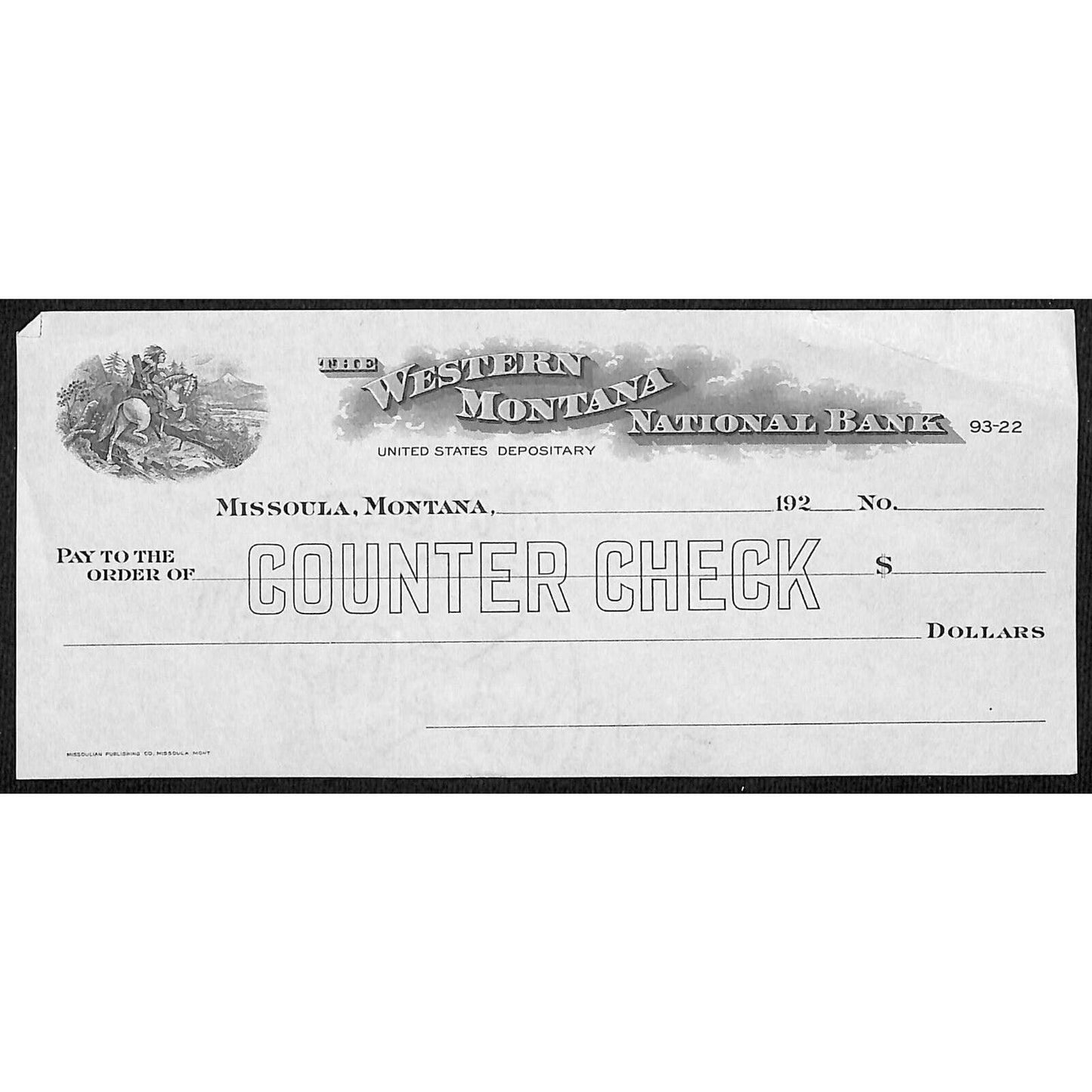 Missoula Montana Western Montana National Bank - 1920's Unused Counter Check