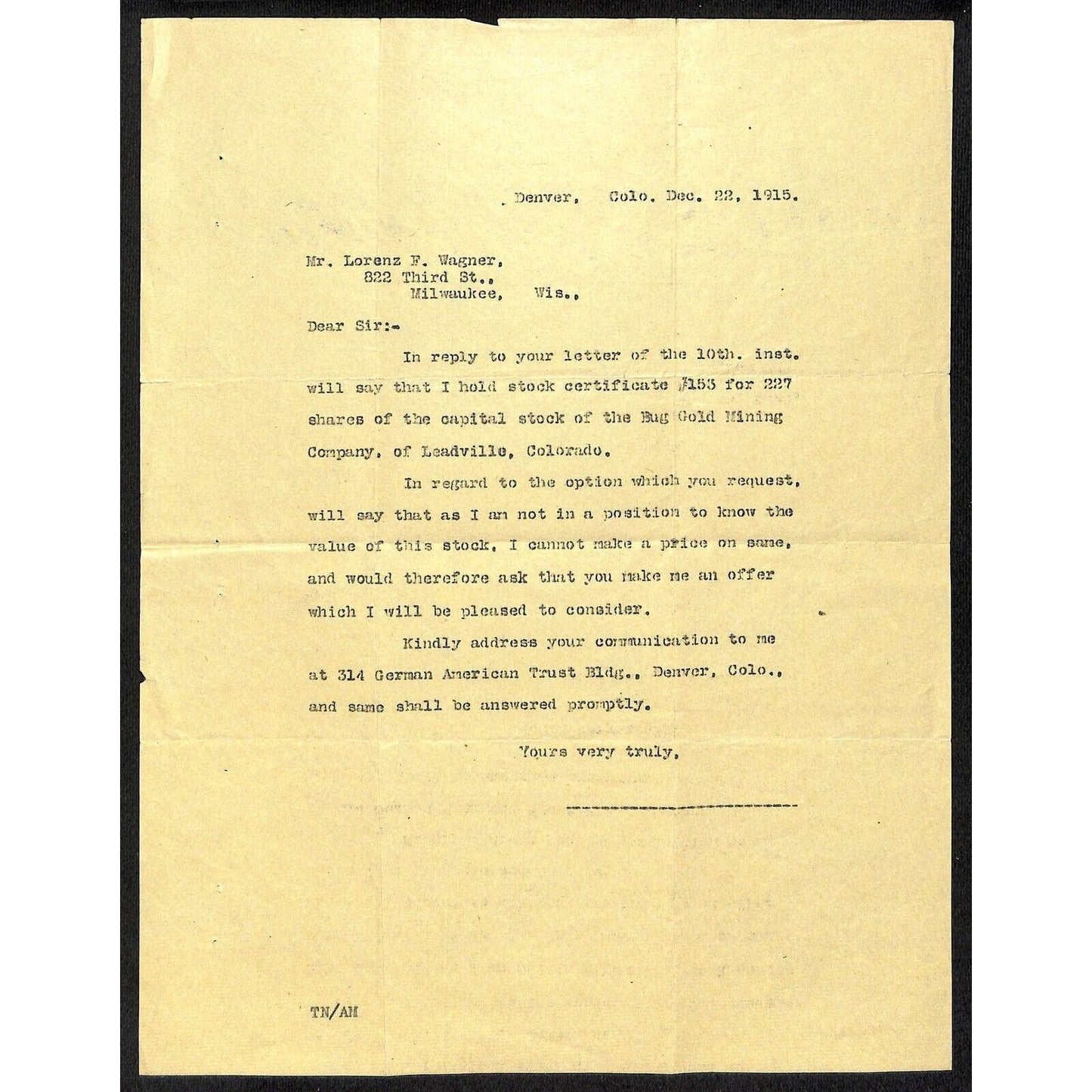 Lorenz F. Wagner 1919 3 Letterheads 1 re: Bug Gold Mining Property Foreclosure