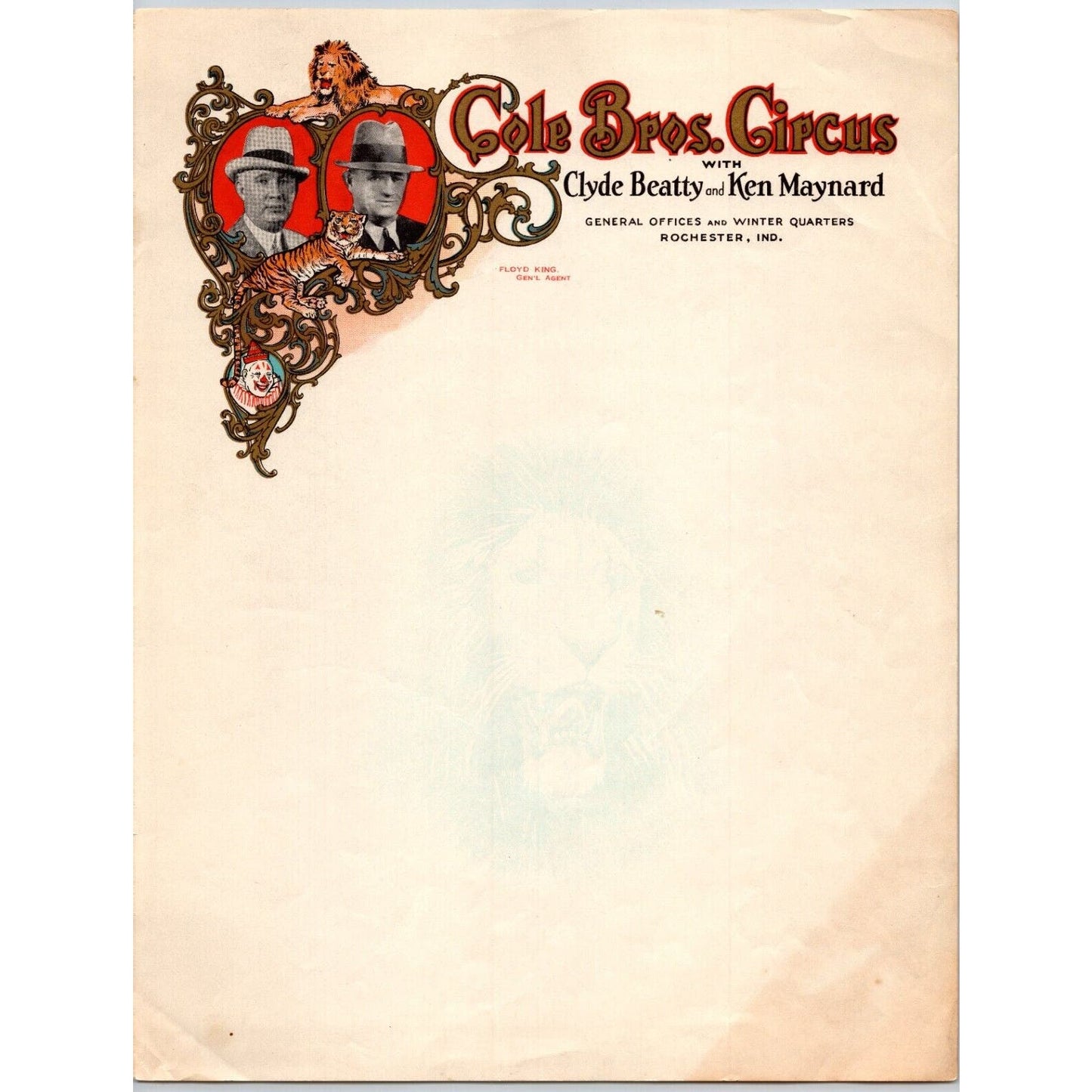 Cole Bros. with Clyde Beatty and Ken Maynard Circus Letterhead c1937 Scarce