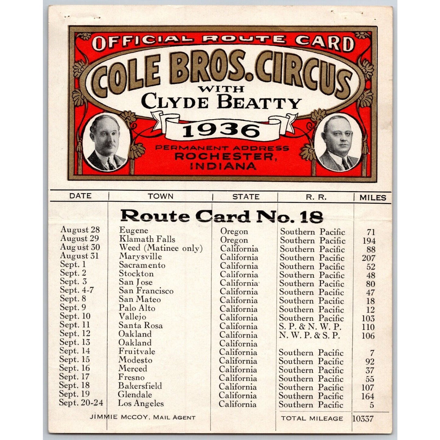 1936 Cole Bros with Clyde Beatty Circus Route Card Several CA Stops