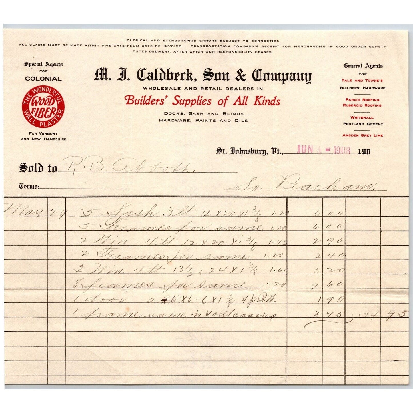 St. Johnsbury, VT M.J. Caldbeck & Co. Builder's Supplies 1908 Billhead Scarce