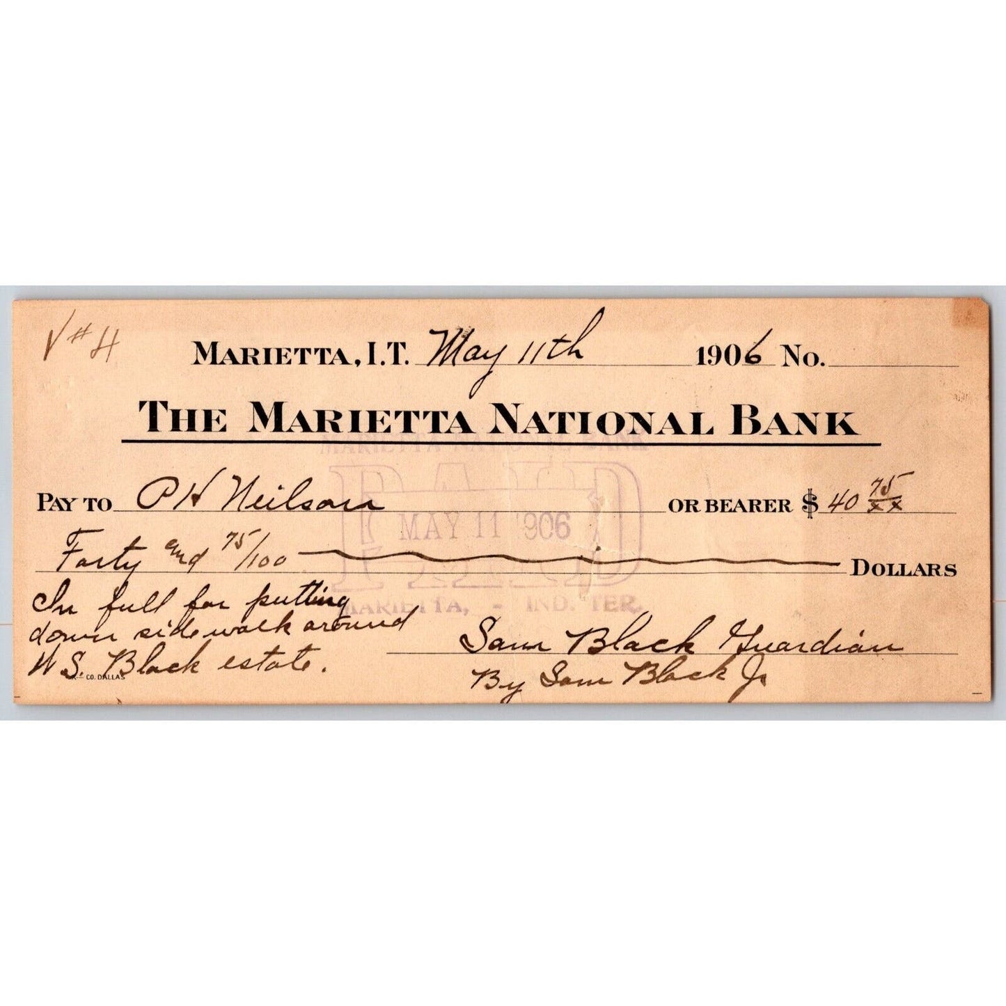 Marietta, Oklahoma 1906 Indian Territory National Bank Check -Scarce