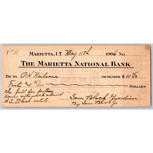 Marietta, Oklahoma 1906 Indian Territory National Bank Check -Scarce