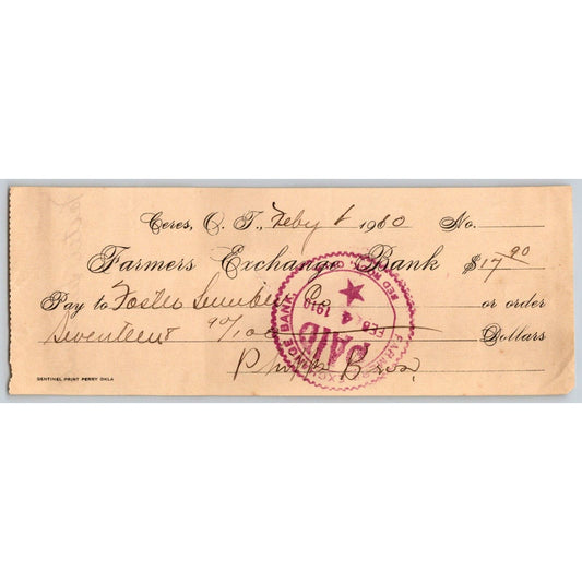 Ceres, Oklahoma 1910 Territorial* Farmers Exchange Bank Check Lumber Very Scarce