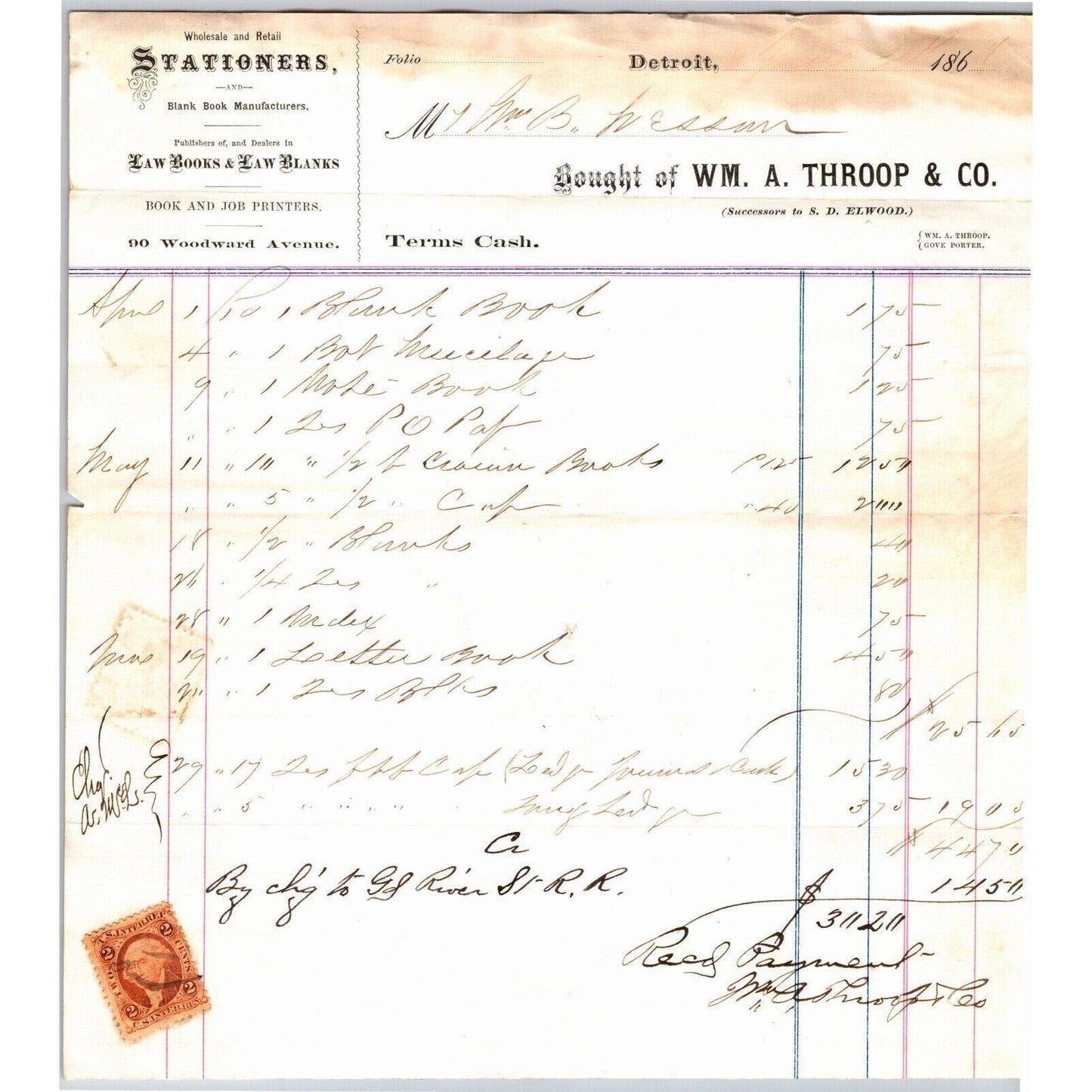Detroit Letterhead Wm. A. Throop & Co. Stationers (For River St R.R.?) 1868