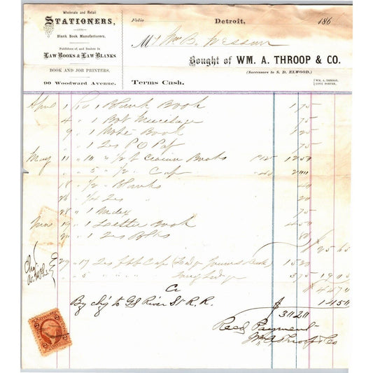 Detroit Letterhead Wm. A. Throop & Co. Stationers (For River St R.R.?) 1868