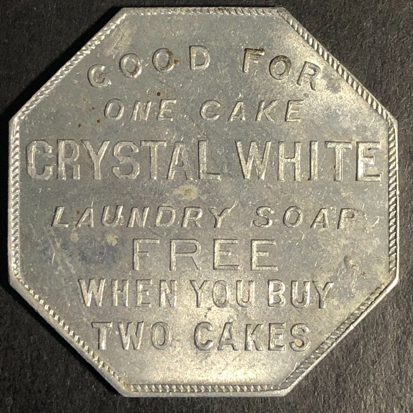 Crystal White Laundry Soap Aluminum Trade Token Free Cake - Hexagon 32mm c1920's