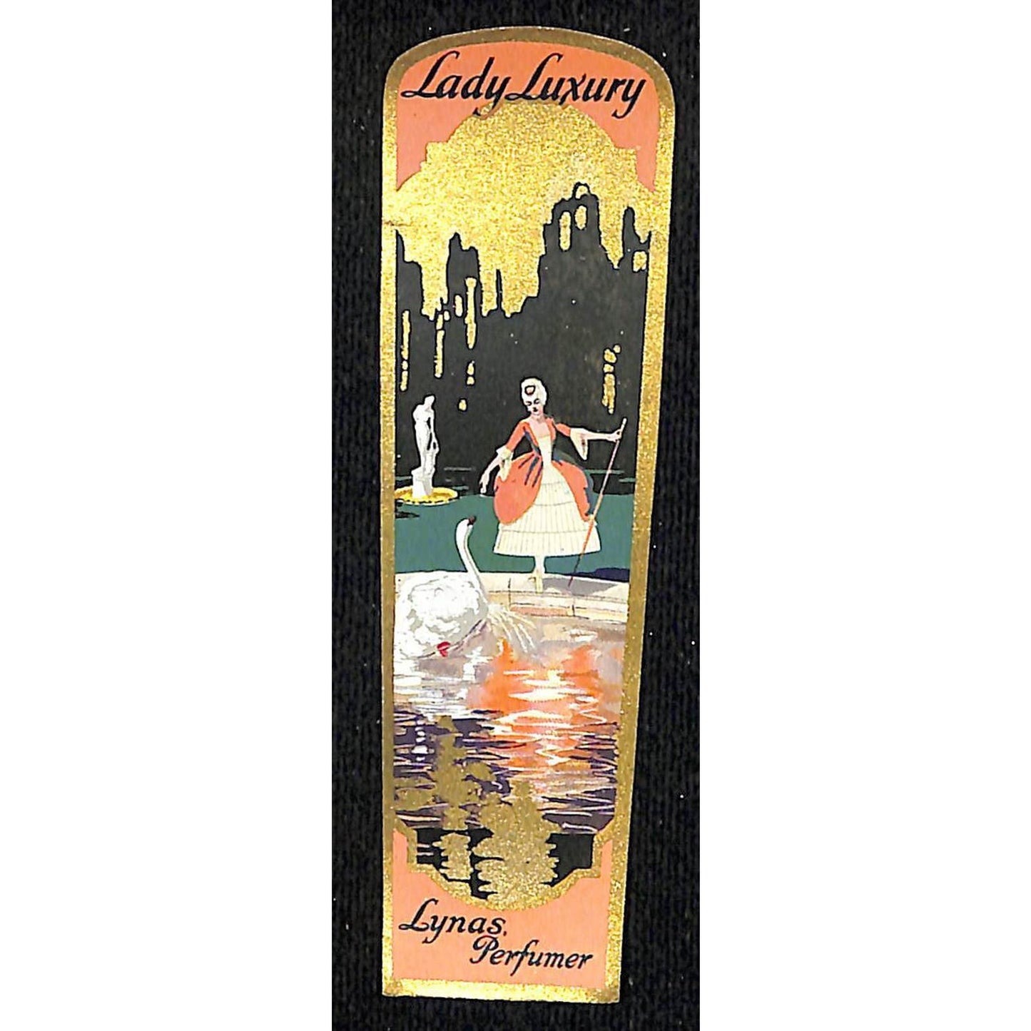 Lady Luxury Lynas Perfumer Vintage Paper Beauty Label NOS VGC Gilt Swan Skyline