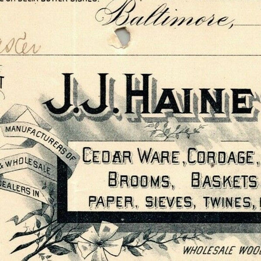 1896 Letterhead Billhead J.J. Haines Baskets Mats Baltimore Ephraim Baker*