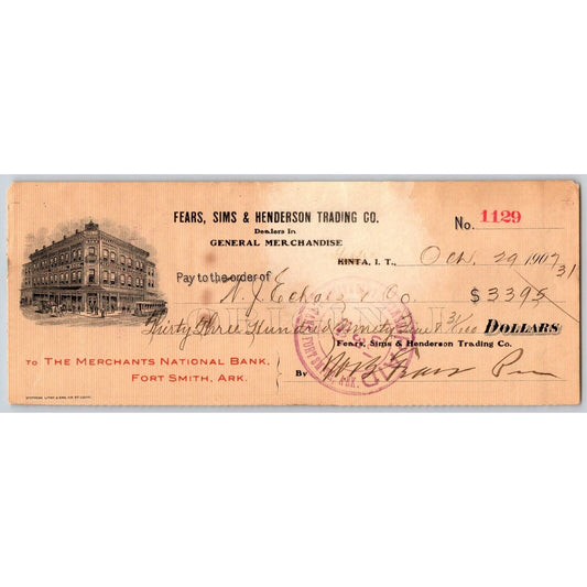 Kinta, Oklahoma Indian 1907 Territory Fears, Sims & Henderson Trading Bank Check