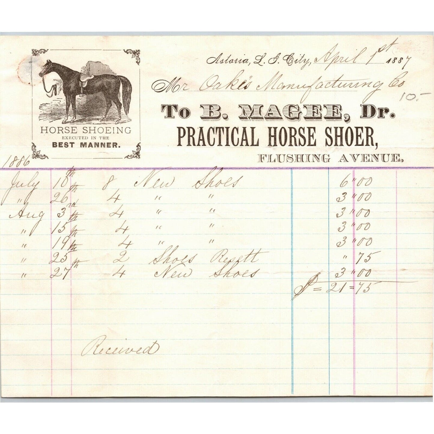 Astoria Queens Letterhead 1887 - B. Magee Practical Horse Shoer Flushing Avenue