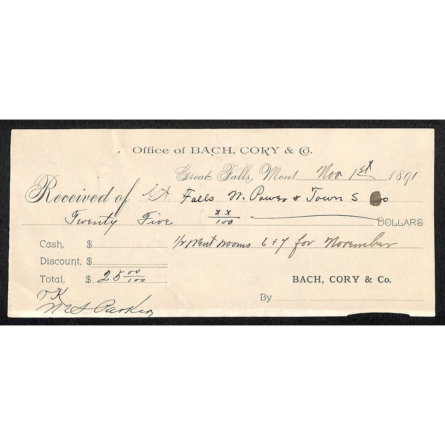 Great Falls Montana 1891 Bach, Cory & Co. / Water Power - Payment Receipt
