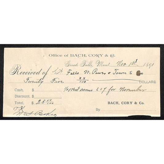 Great Falls Montana 1891 Bach, Cory & Co. / Water Power - Payment Receipt