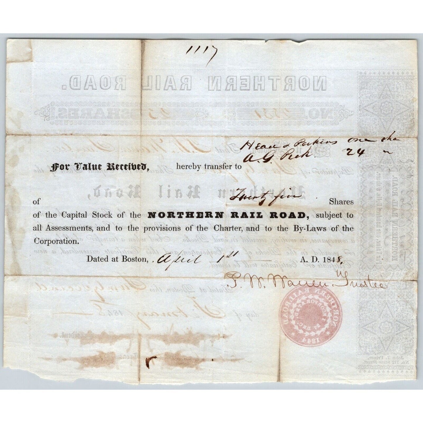 1848 Boston, MA Northern Railroad Stock Certificate No. 2831 for 25 Shares