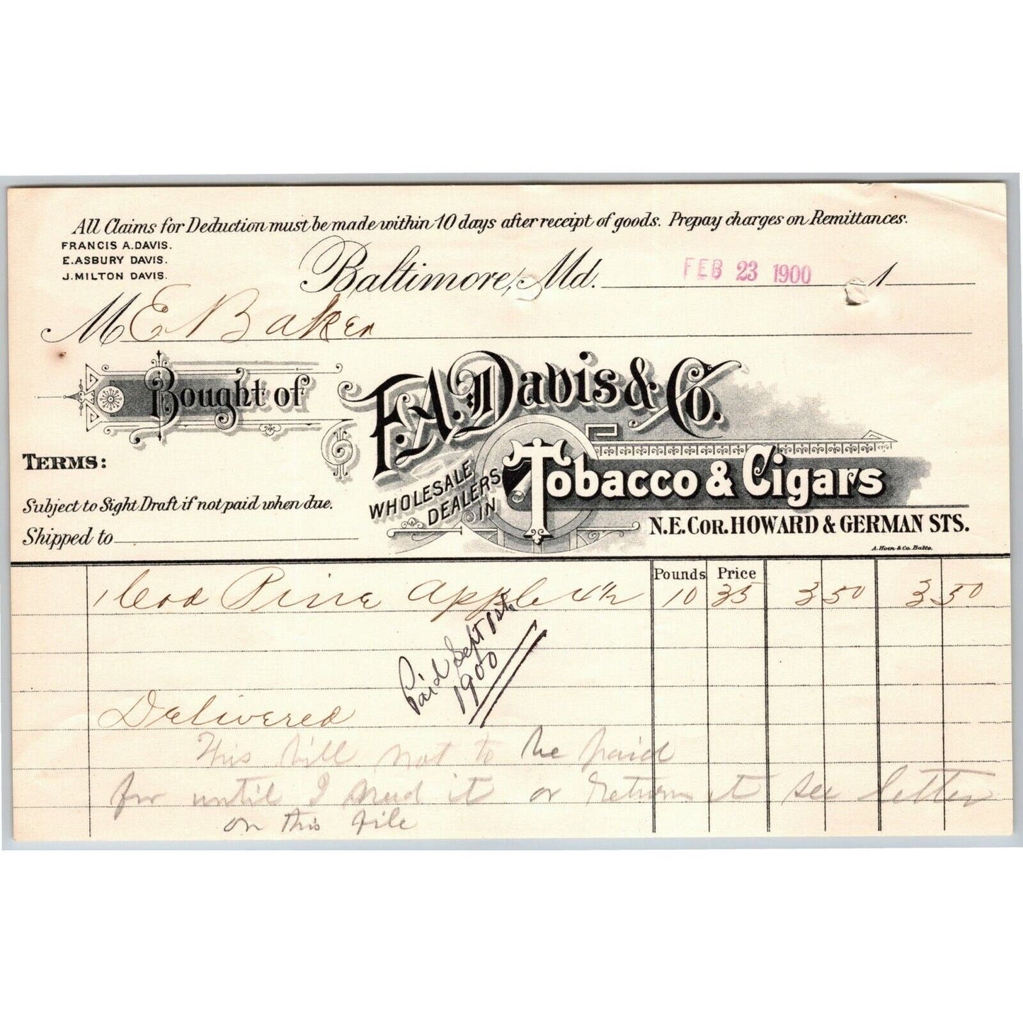 1900 Letterhead F.A. Davis & Co. Tobacco & Cigars Baltimore - Ephraim Baker*