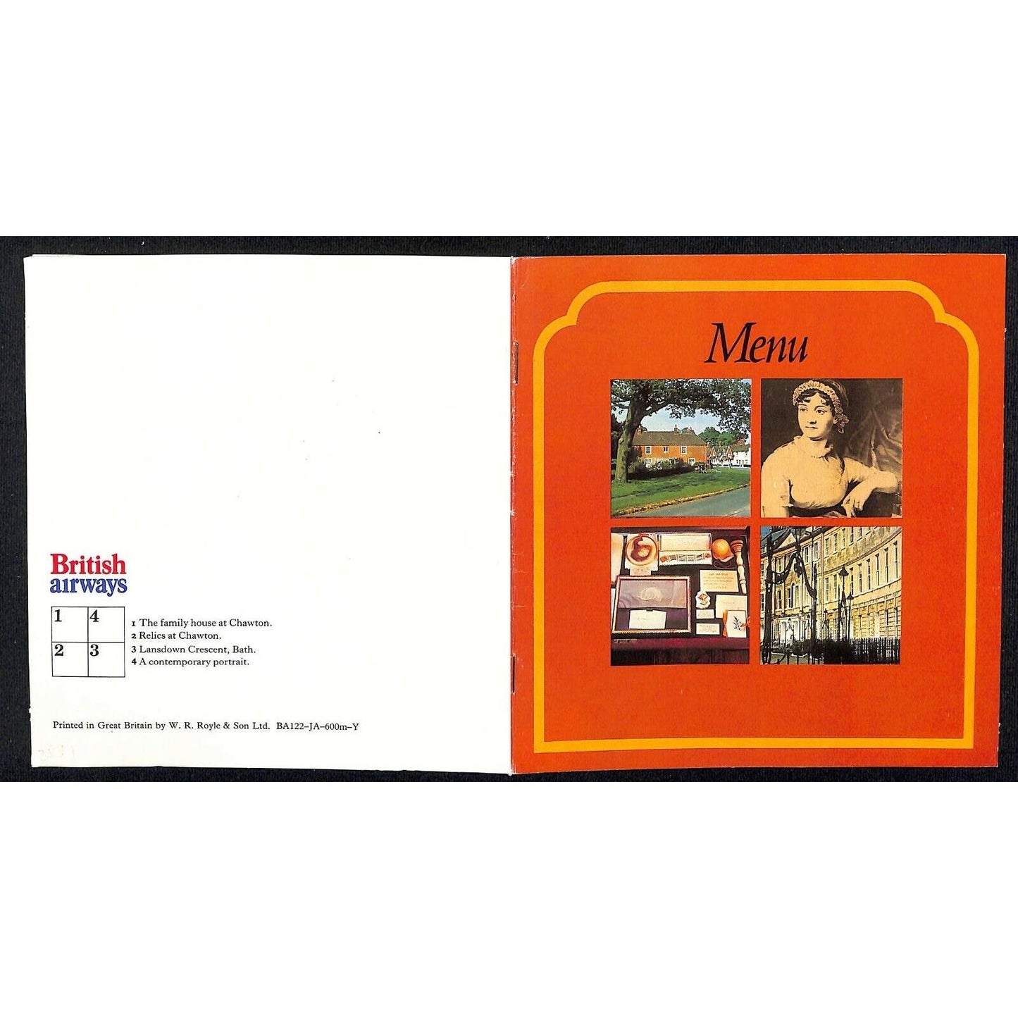 c1978 British Airways London-New York Bar Service / Lunch Menu w/ Jane Austin