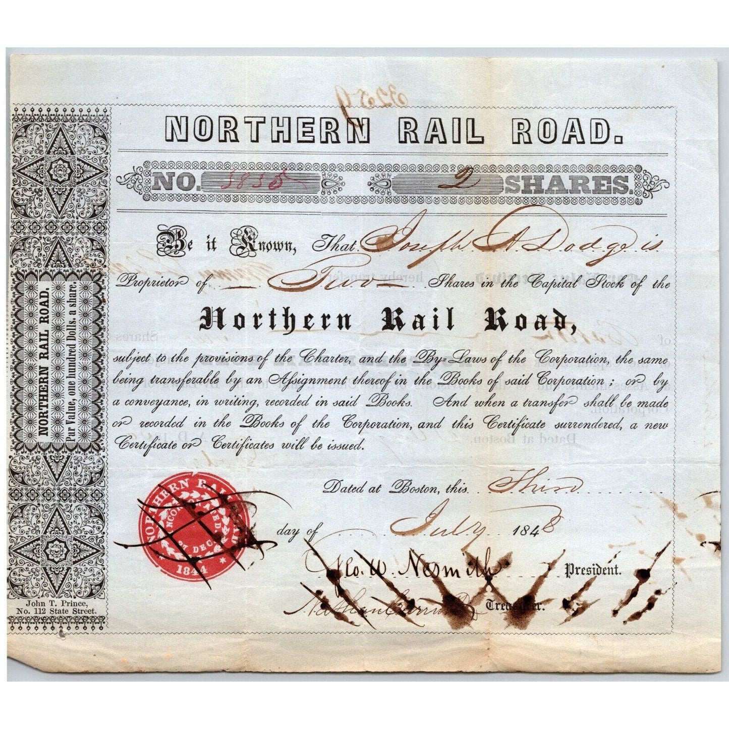 1848 Boston, MA Northern Railroad Stock Certificate No. 5835 for Two Shares