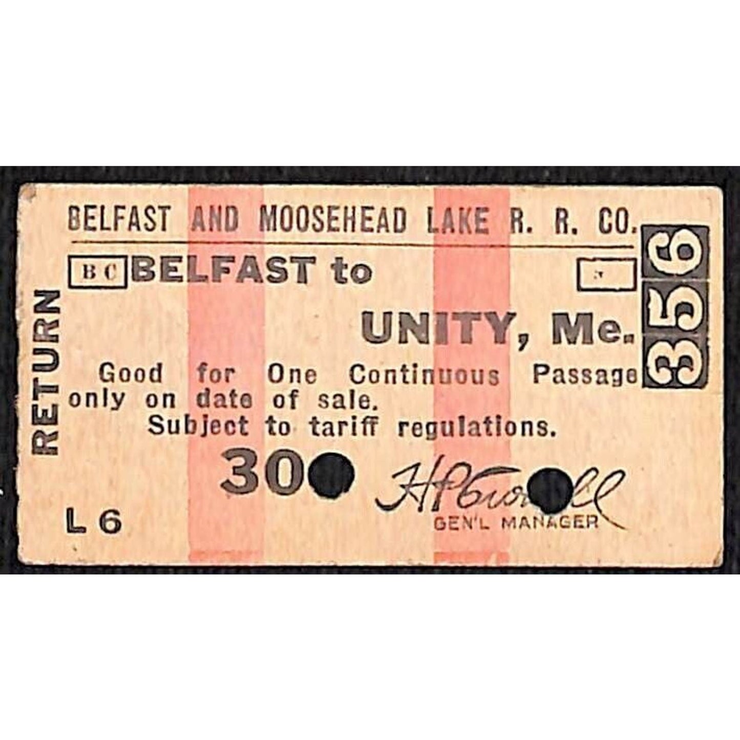 1931 Belfast and Moosehead Lake Railroad Return Ticket Unity, ME #356