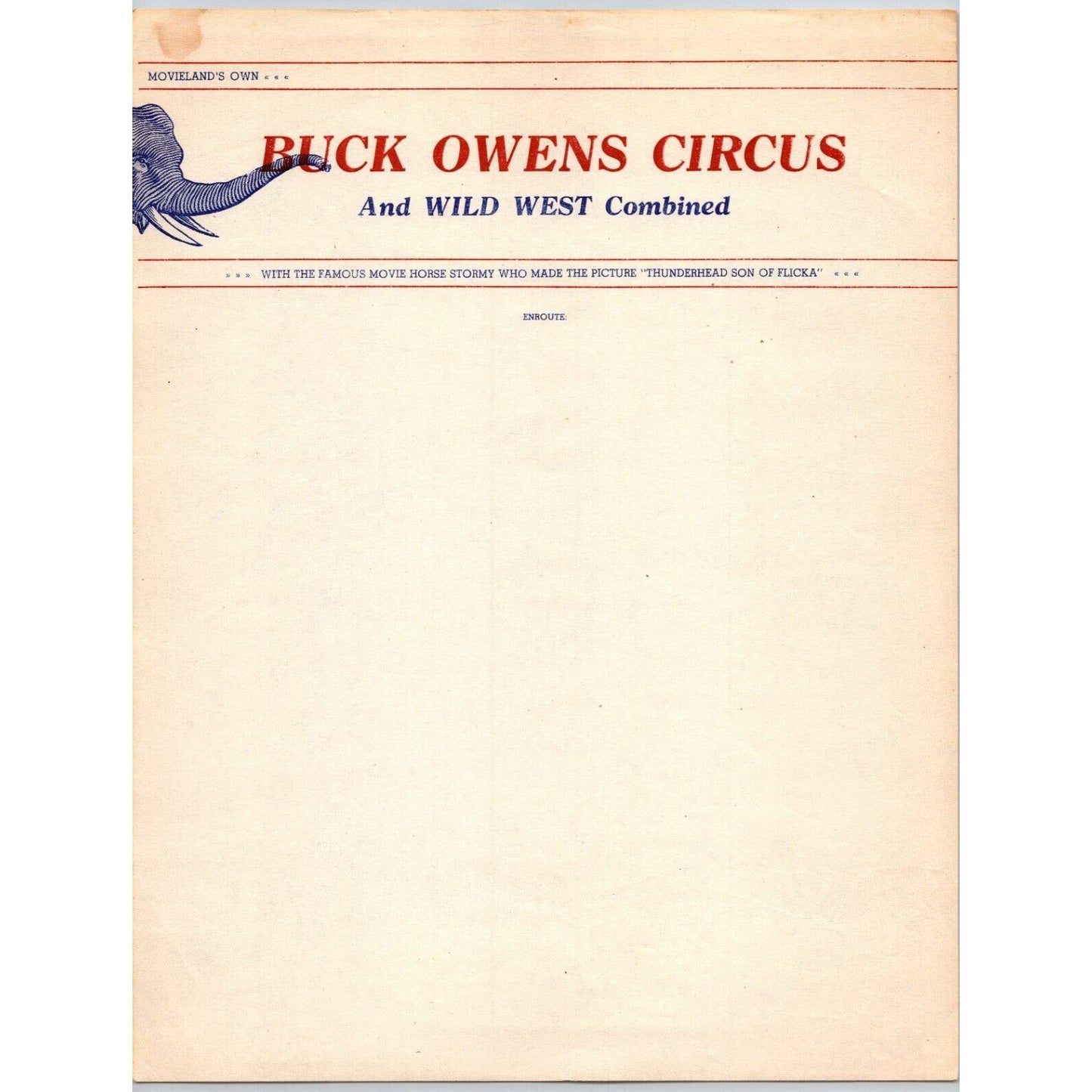 Buck Owens Circus and Wild West Combined Letterhead c1946 Stormy Horse Scarce