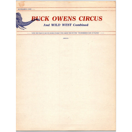 Buck Owens Circus and Wild West Combined Letterhead c1946 Stormy Horse Scarce