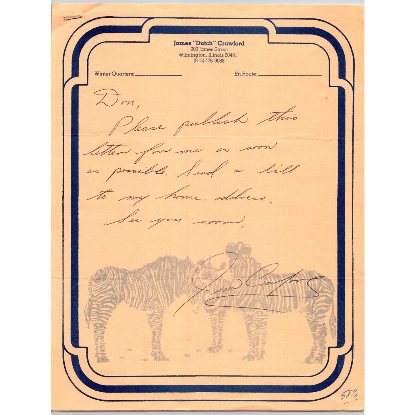 John "Dutch" Circus Letterhead c1965-70's Signed Scarce