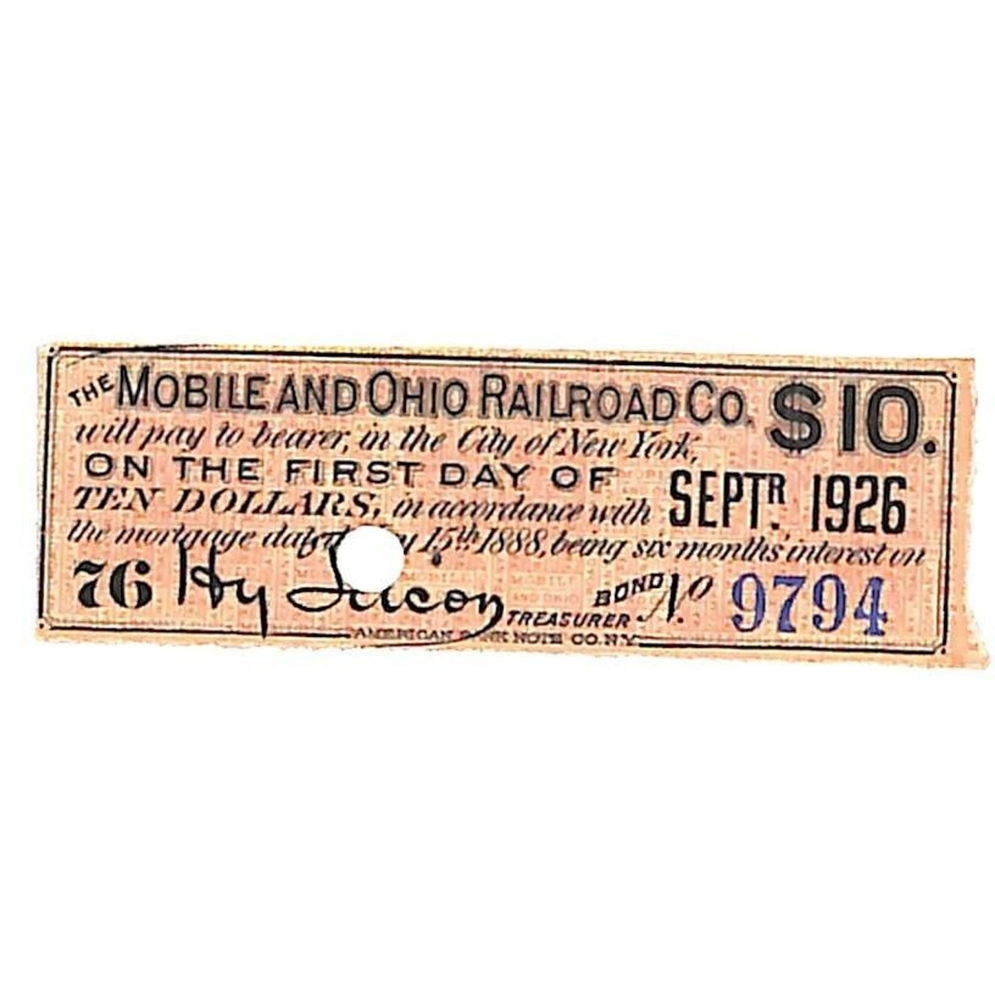 1888 Mobile and Ohio Railroad Small $10 Bond Certificate Coupon Due 1926 #9794