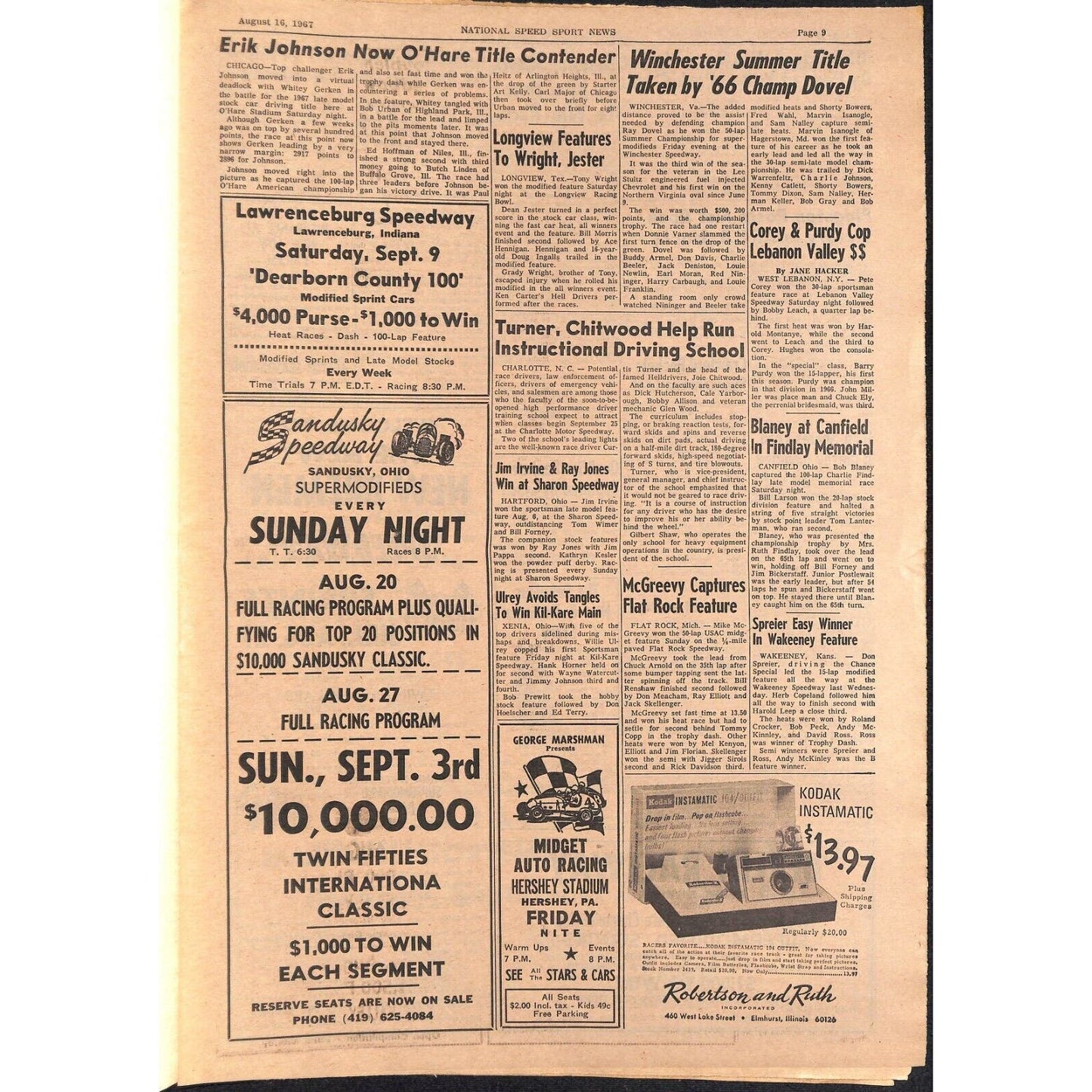 National Speed Sport News 8/16 1967 Dosher & Bowsher Wins Racing 23pp
