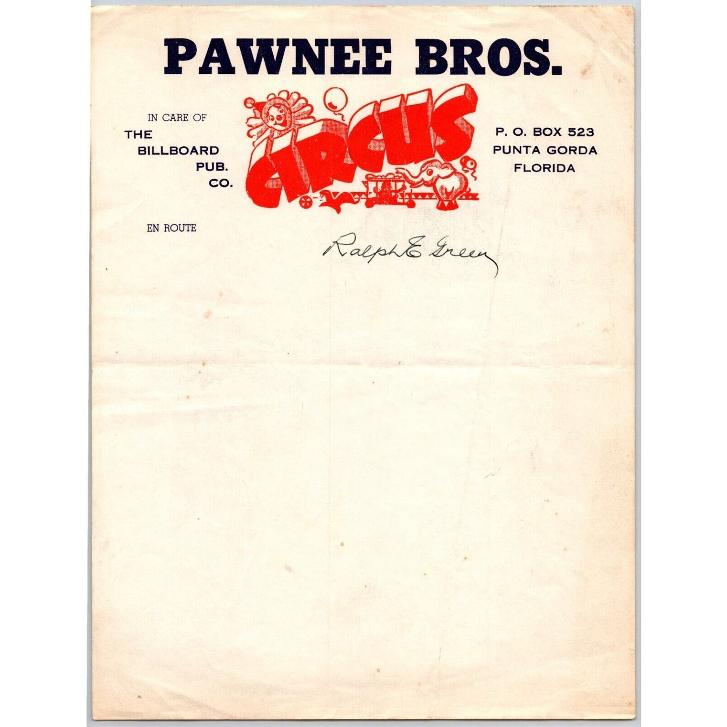Pawnee Bros. Punta Gorda, FL Circus Letterhead Elephant Clown c1951 Scarce