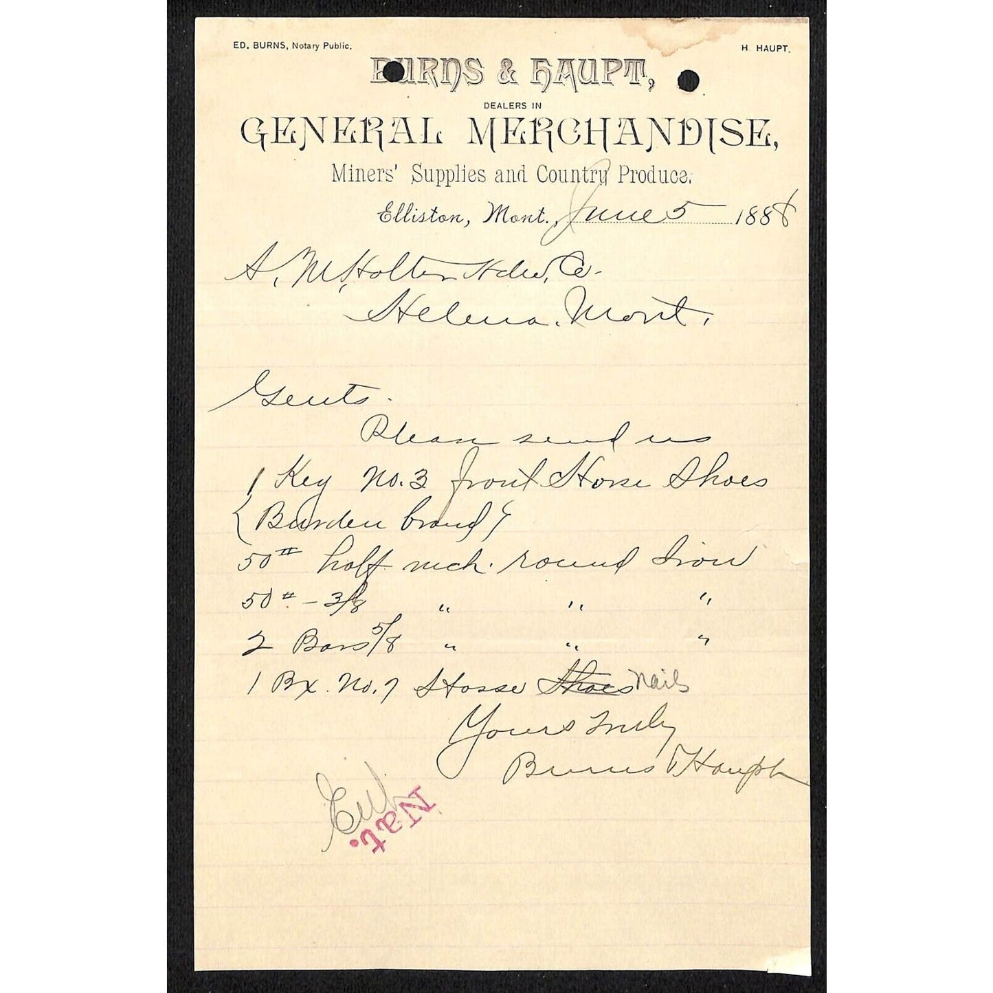 Elliston, MT Burns & Haupt Gen Mdse Miners' Supplies / Produce 1888 Billhead