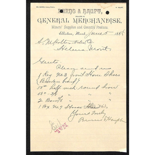 Elliston, MT Burns & Haupt Gen Mdse Miners' Supplies / Produce 1888 Billhead