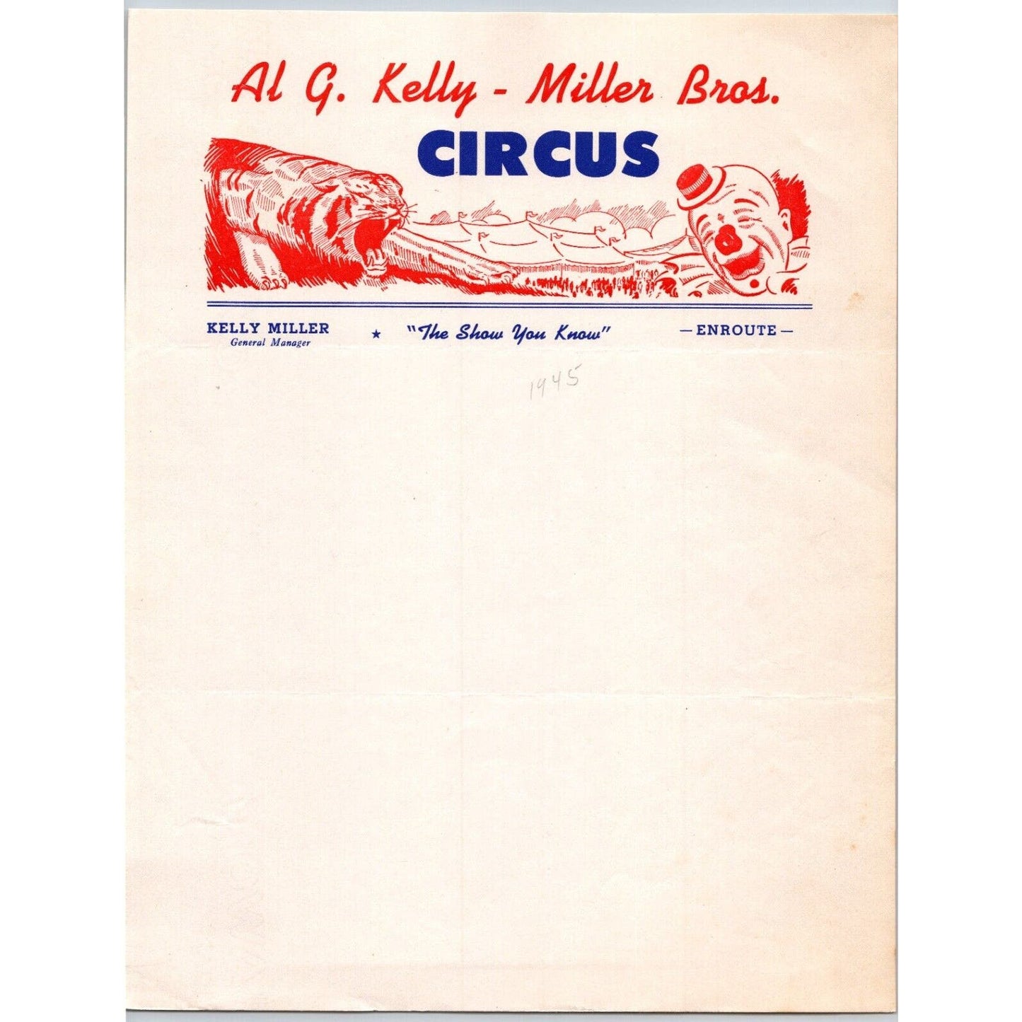 Al G. Kelly - Miller Bros. Circus Letterhead c1945 "The Show You Know" Scarce