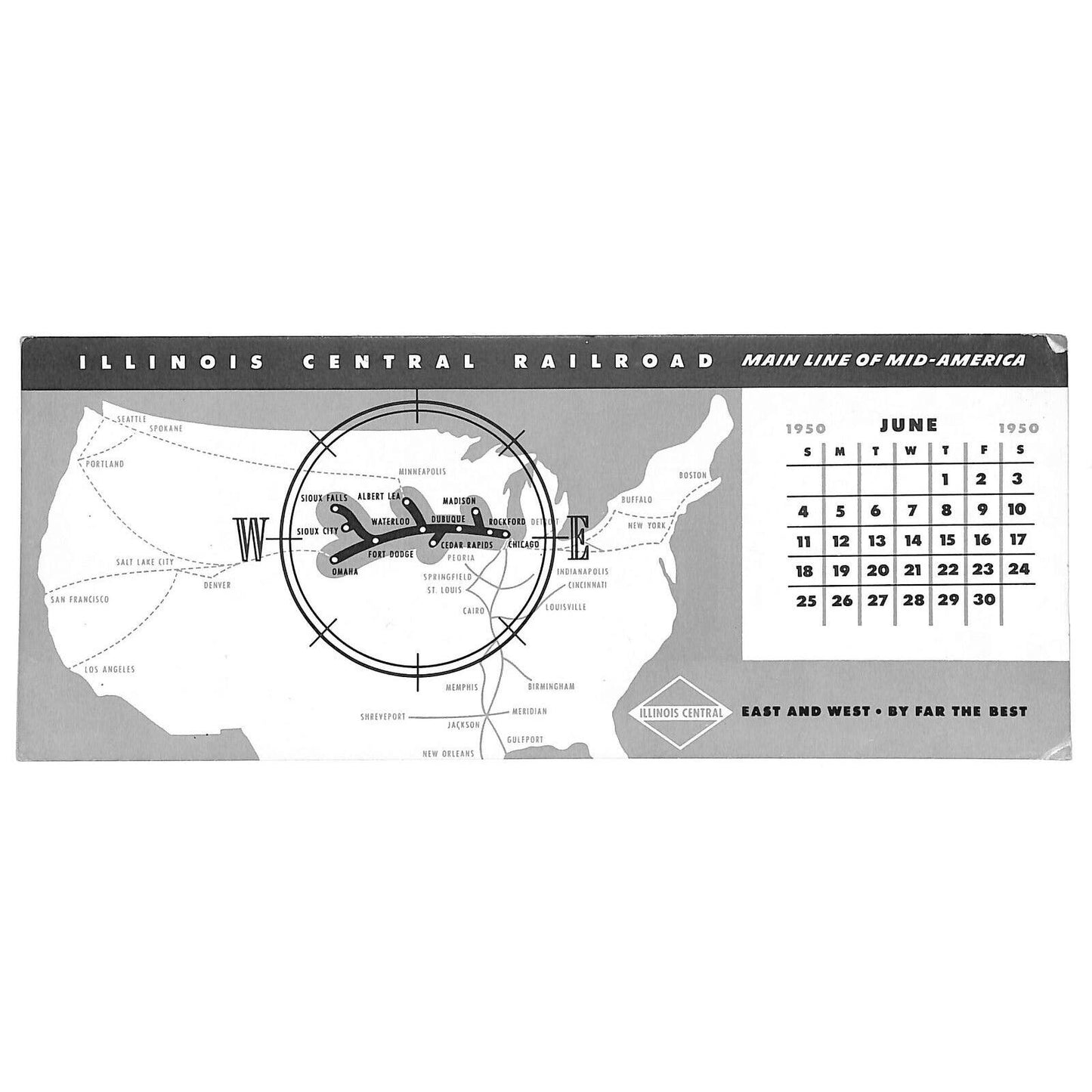 Illinois Central Railroad June 1950 Ink Blotter w/ Route Map & Country Outline