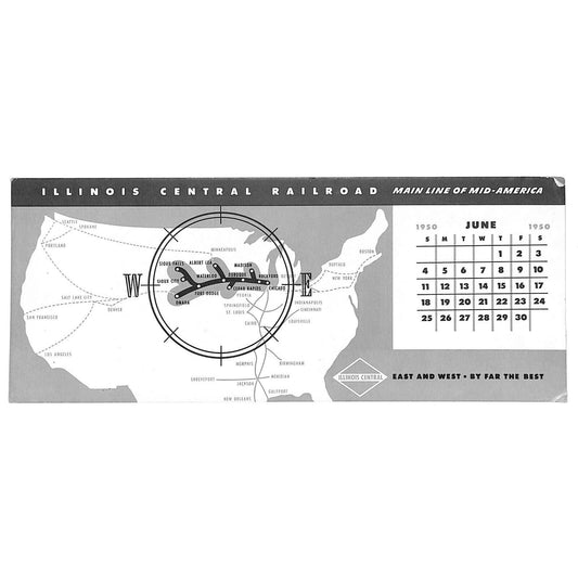 Illinois Central Railroad June 1950 Ink Blotter w/ Route Map & Country Outline